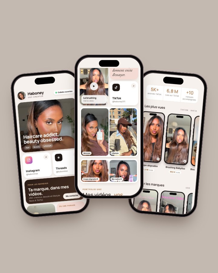 La page de liens bento de Haboney, créatrice UGC, sur trois iPhones